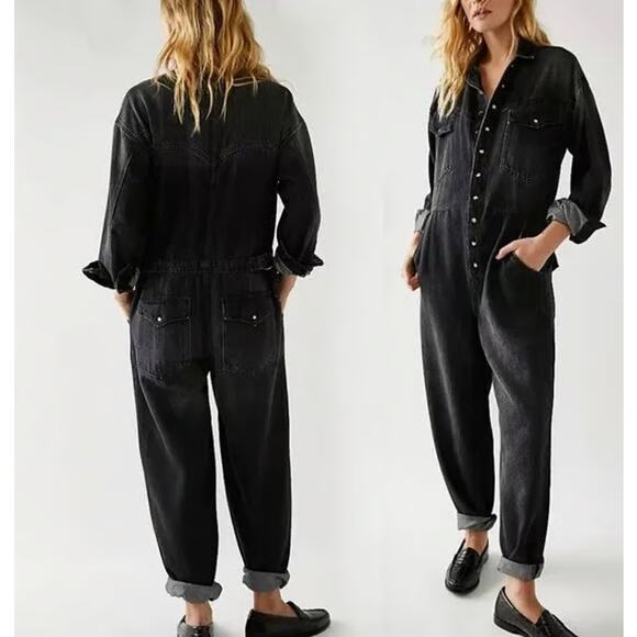 Free People Care Townes Coverall Utility Jumpsuit Relaxed Straight Leg Black XS